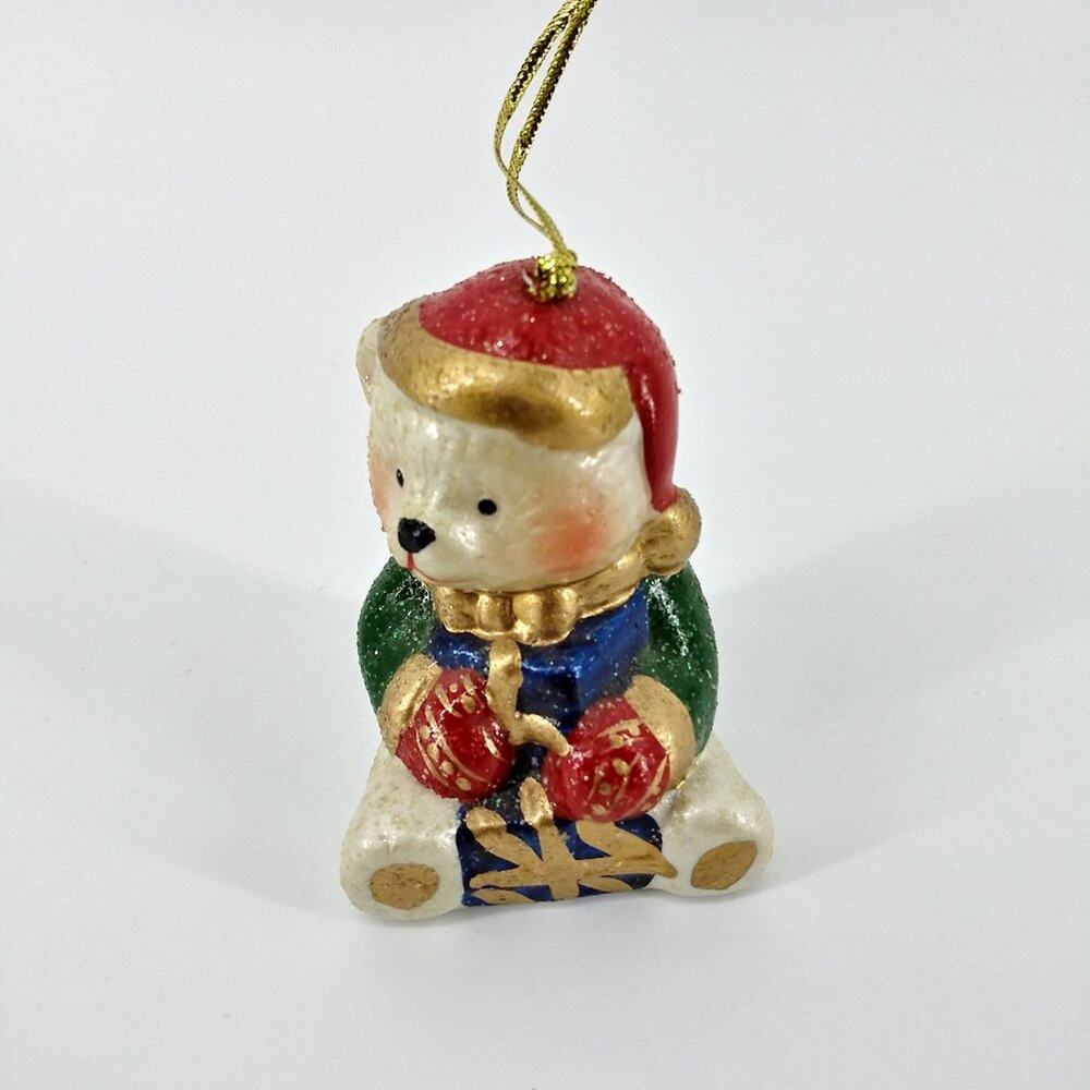 Vintage Teddy Bear Christmas Ornament Ceramic Holding Present Gift Red Hat